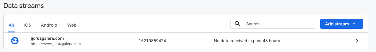 GA4 data streams list showing the message No data received in past 48 hours